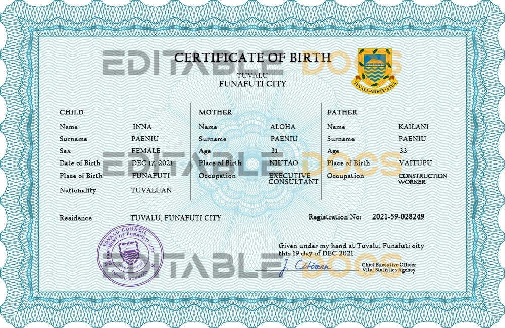 Tuvalu vital record birth certificate PSD template
