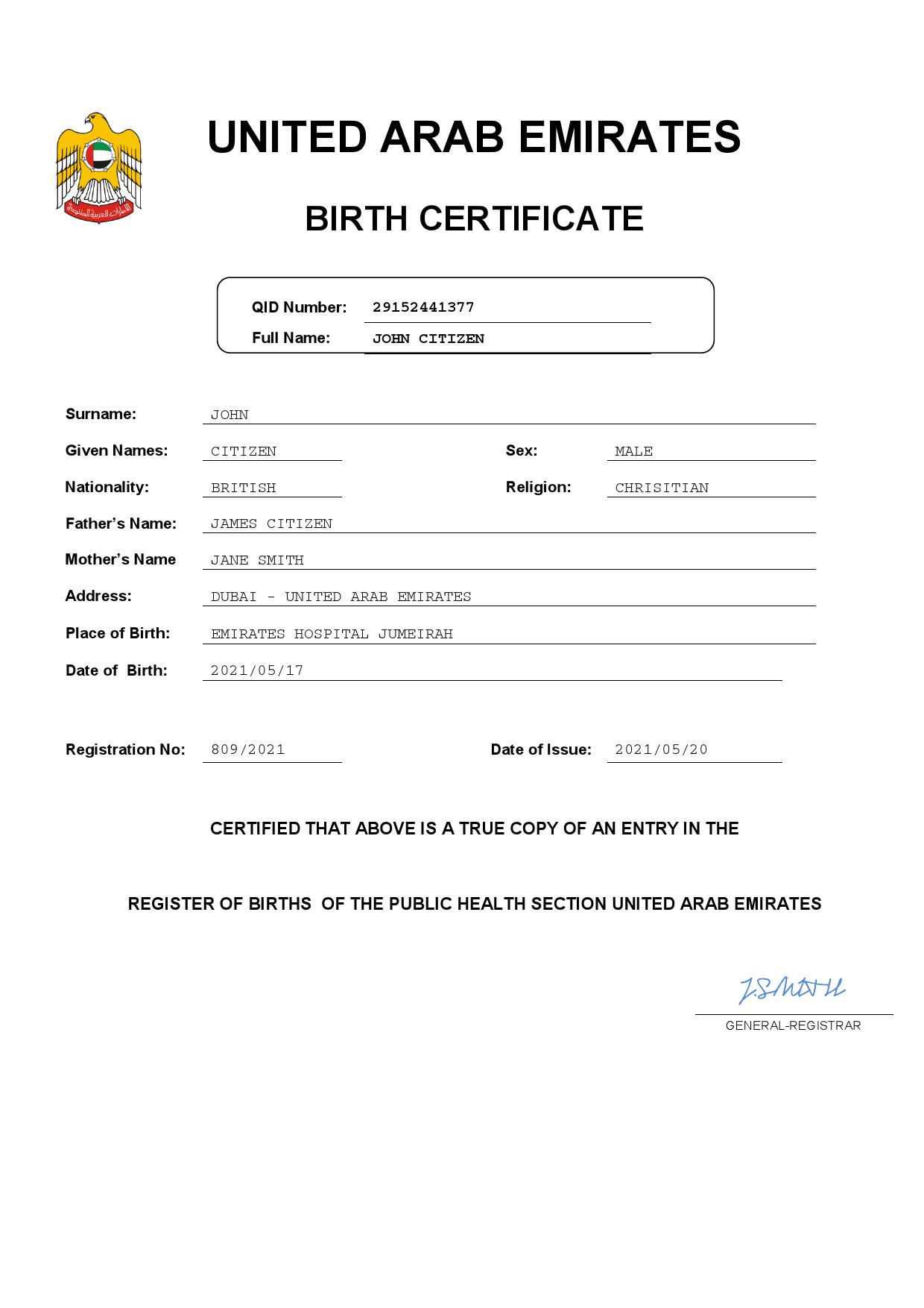 Authentic UAE Birth Certificate Template | Customize and Download Online