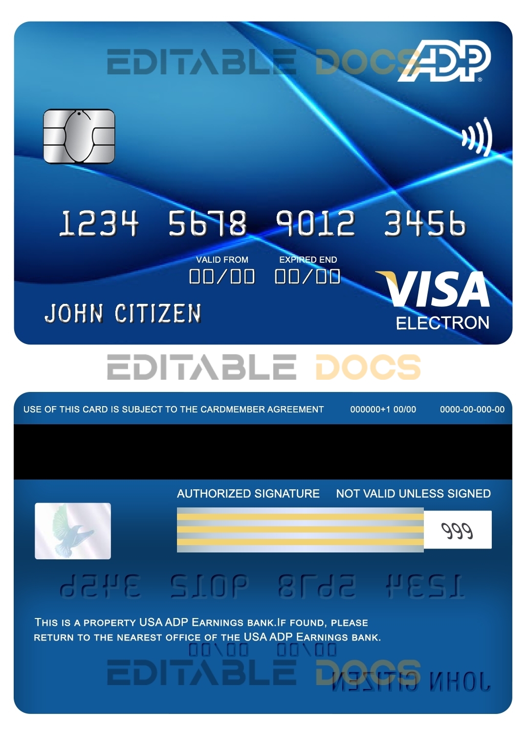 Editable USA ADP Earnings bank visa electron card Templates in PSD Format