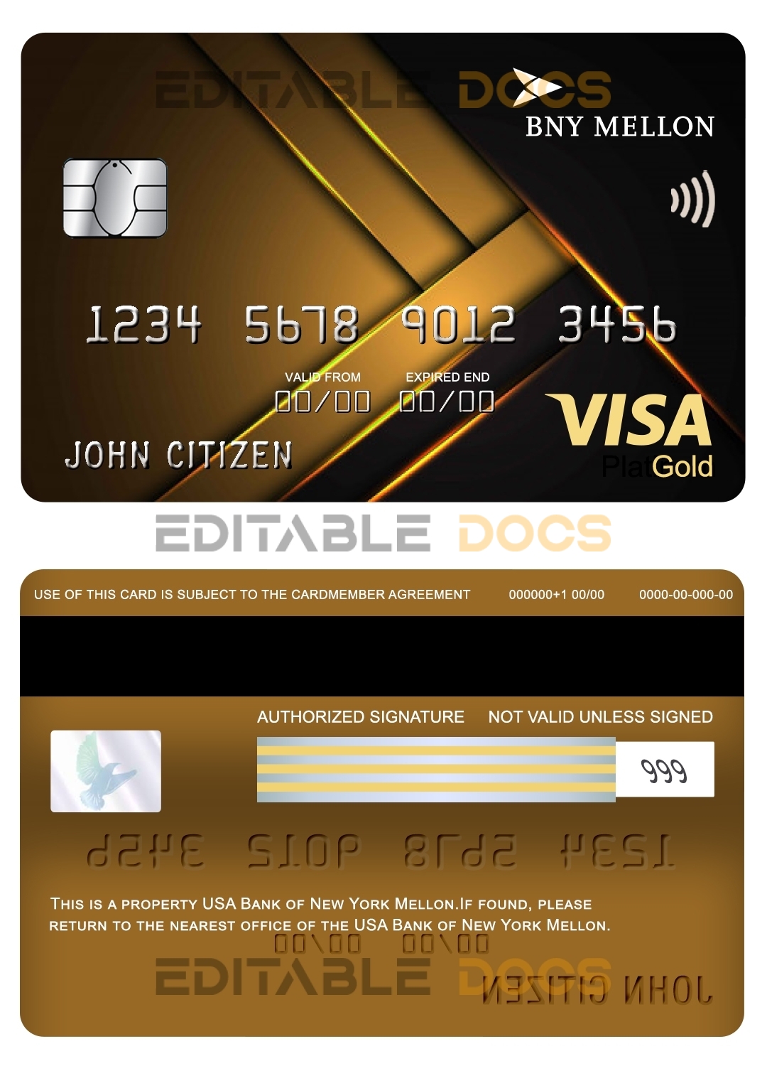 Editable USA Bank of New York Mellon visa gold card Templates in PSD Format