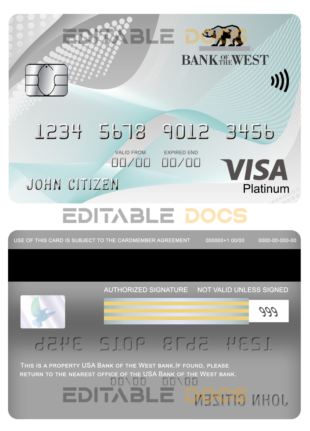 Editable USA Bank of the West bank visa platinum card Templates in PSD Format
