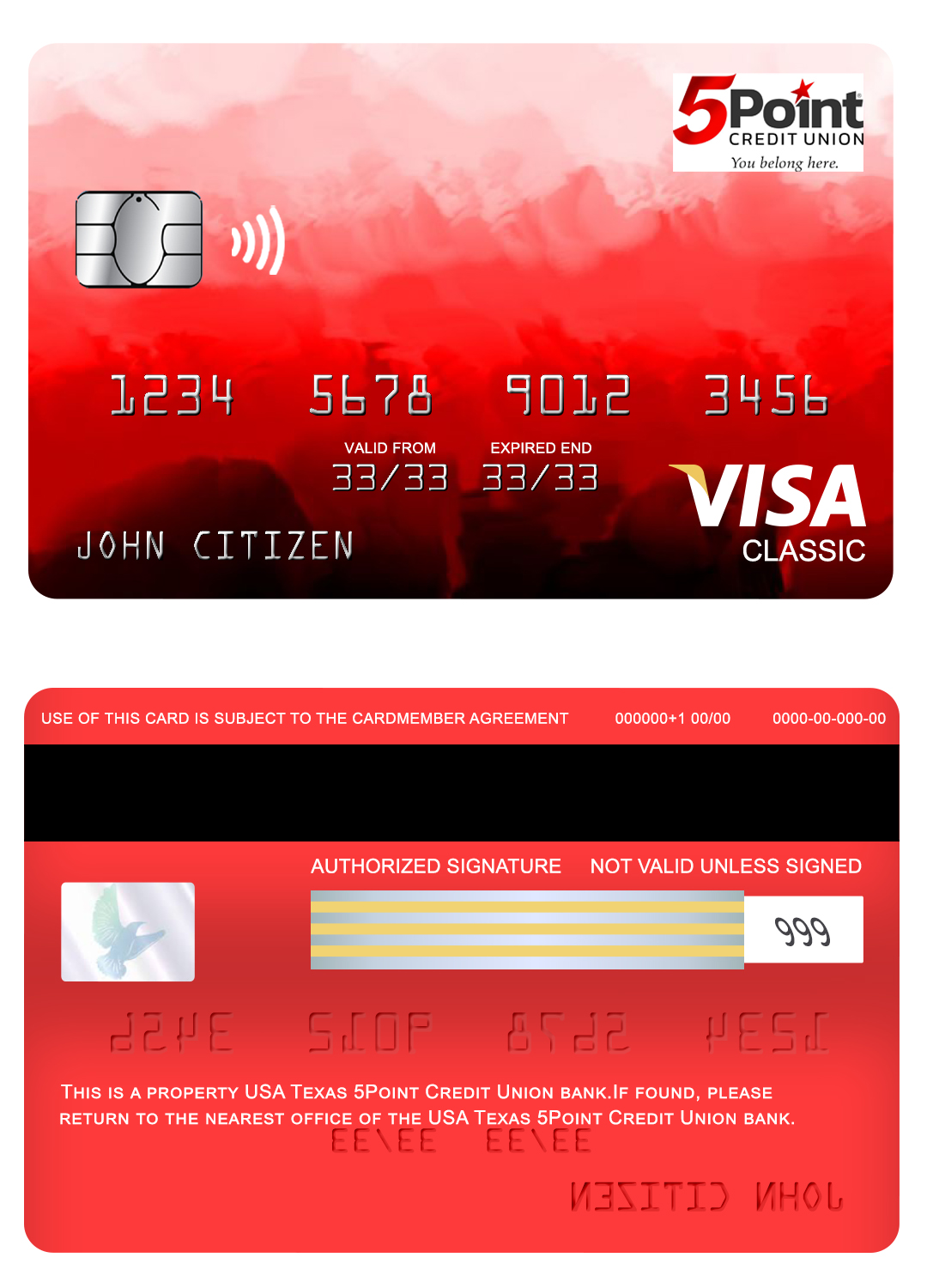 Editable USA Texas 5Point Credit Union bank visa classic card Templates in PSD Format