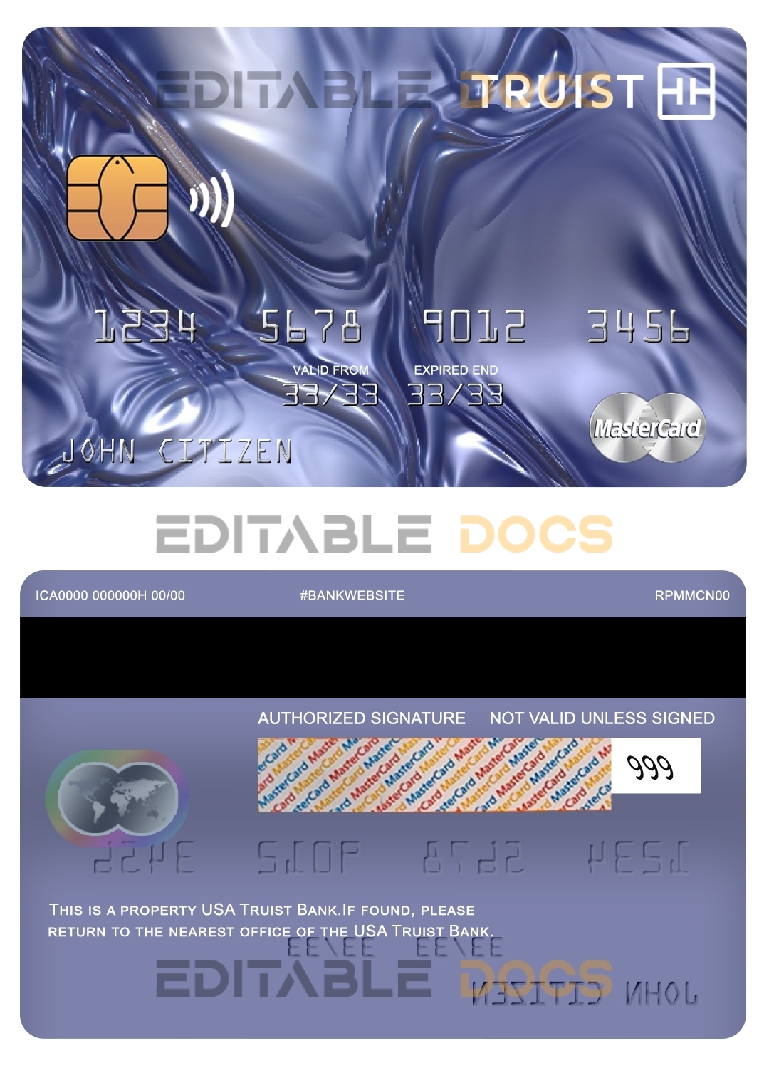 Editable USA Truist Bank mastercard Templates in PSD Format