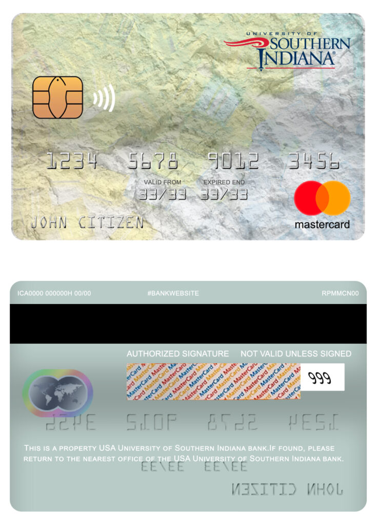 Editable USA University of Southern Indiana bank mastercard Templates