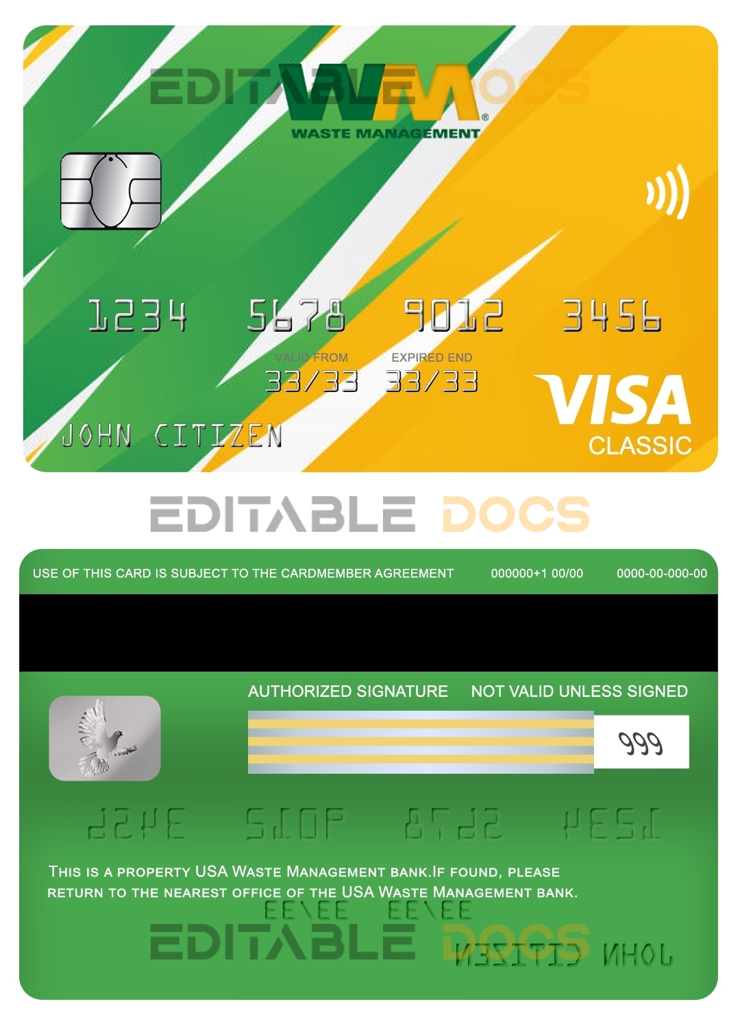 Fillable USA Waste Management bank visa classic card Templates | Layer-Based PSD