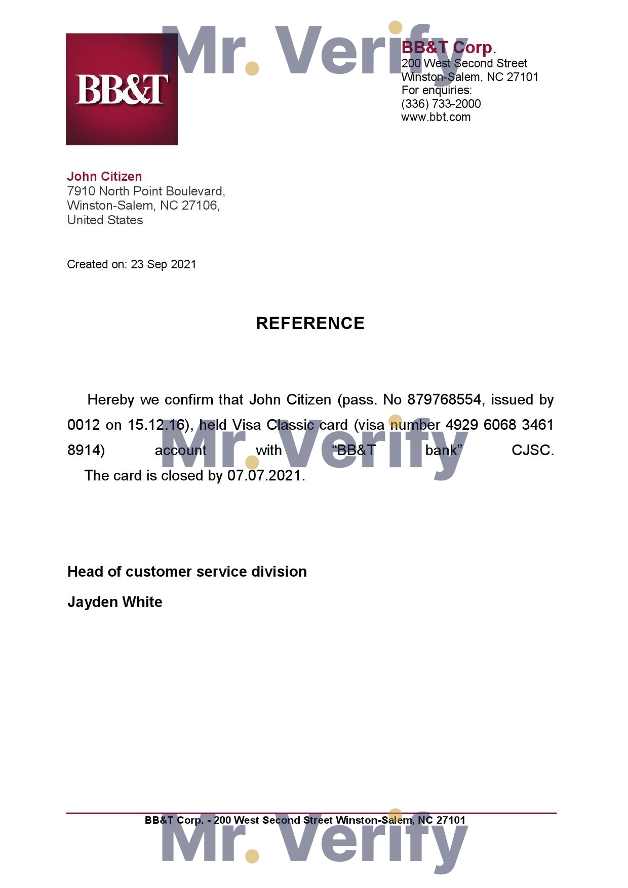 Download USA BB&T Bank Reference Letter Templates | Editable Word