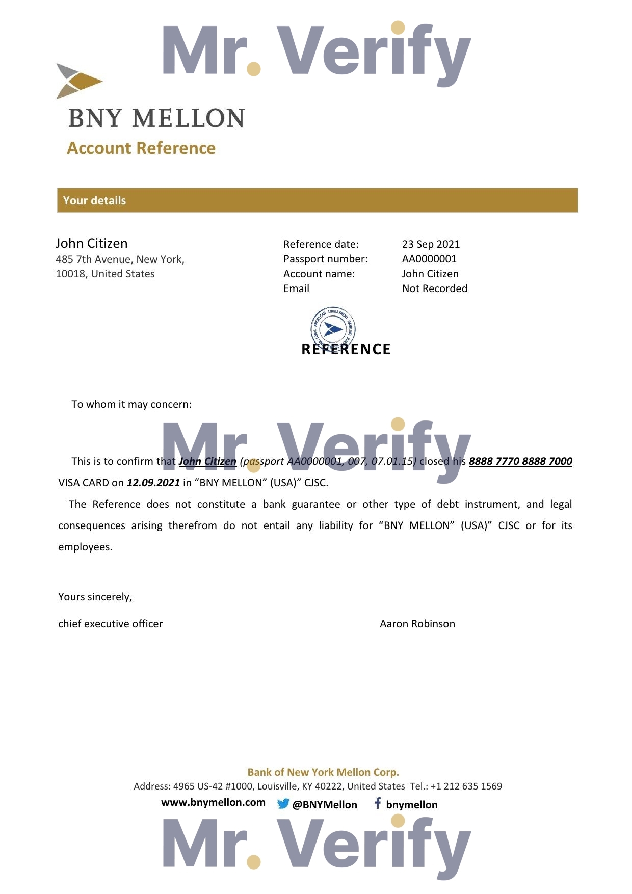 Download USA BNY Mellon Bank Reference Letter Templates | Editable Word