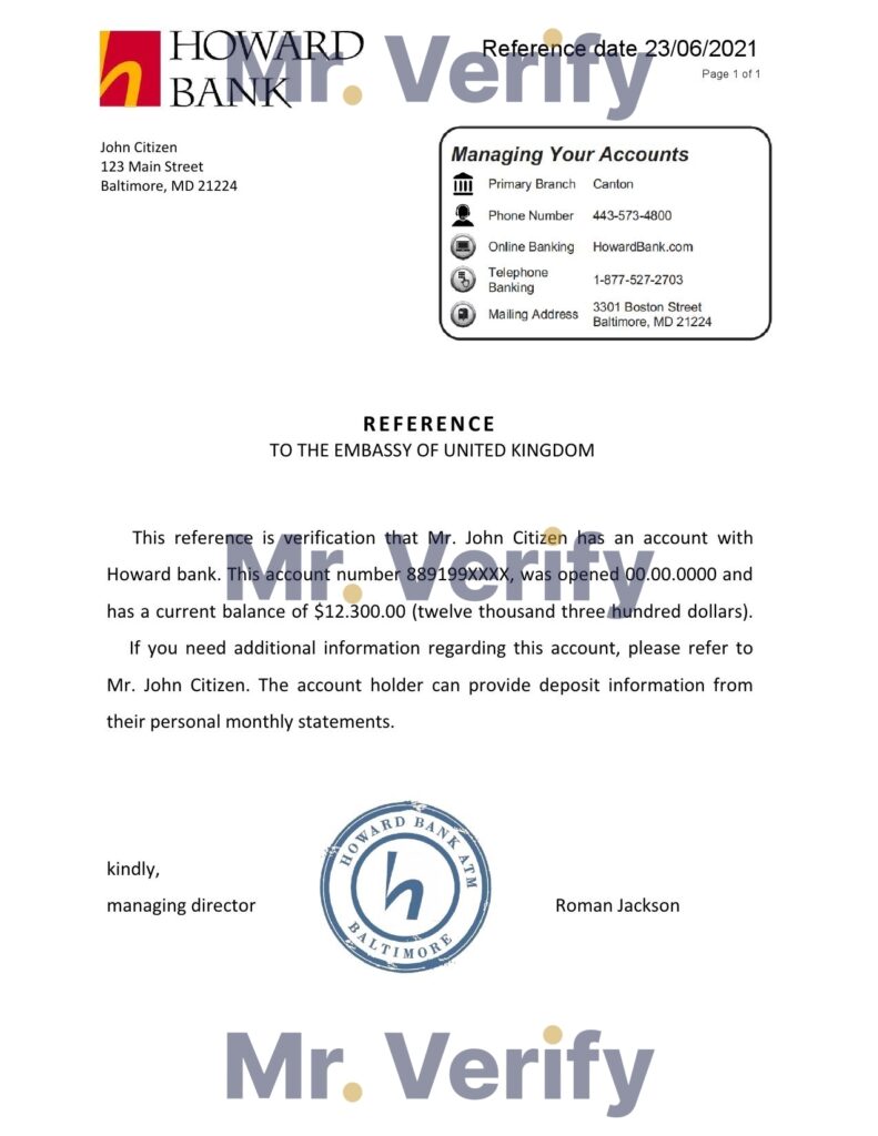 Download USA Howard Bank Reference Letter Templates | Editable Word