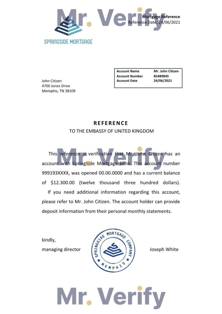 Download USA Springside Mortgage Bank Reference Letter Templates | Editable Word