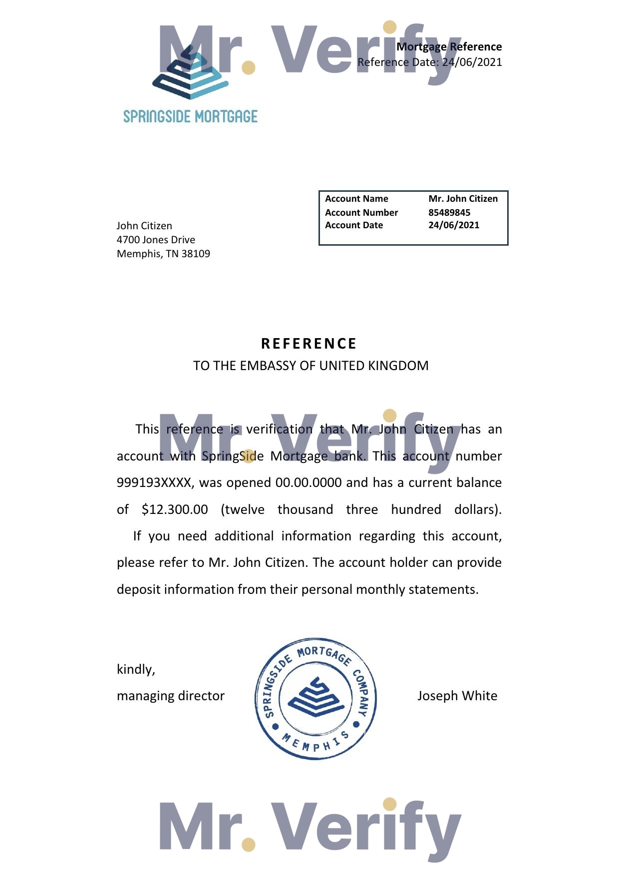 Download USA Springside Mortgage Bank Reference Letter Templates | Editable Word