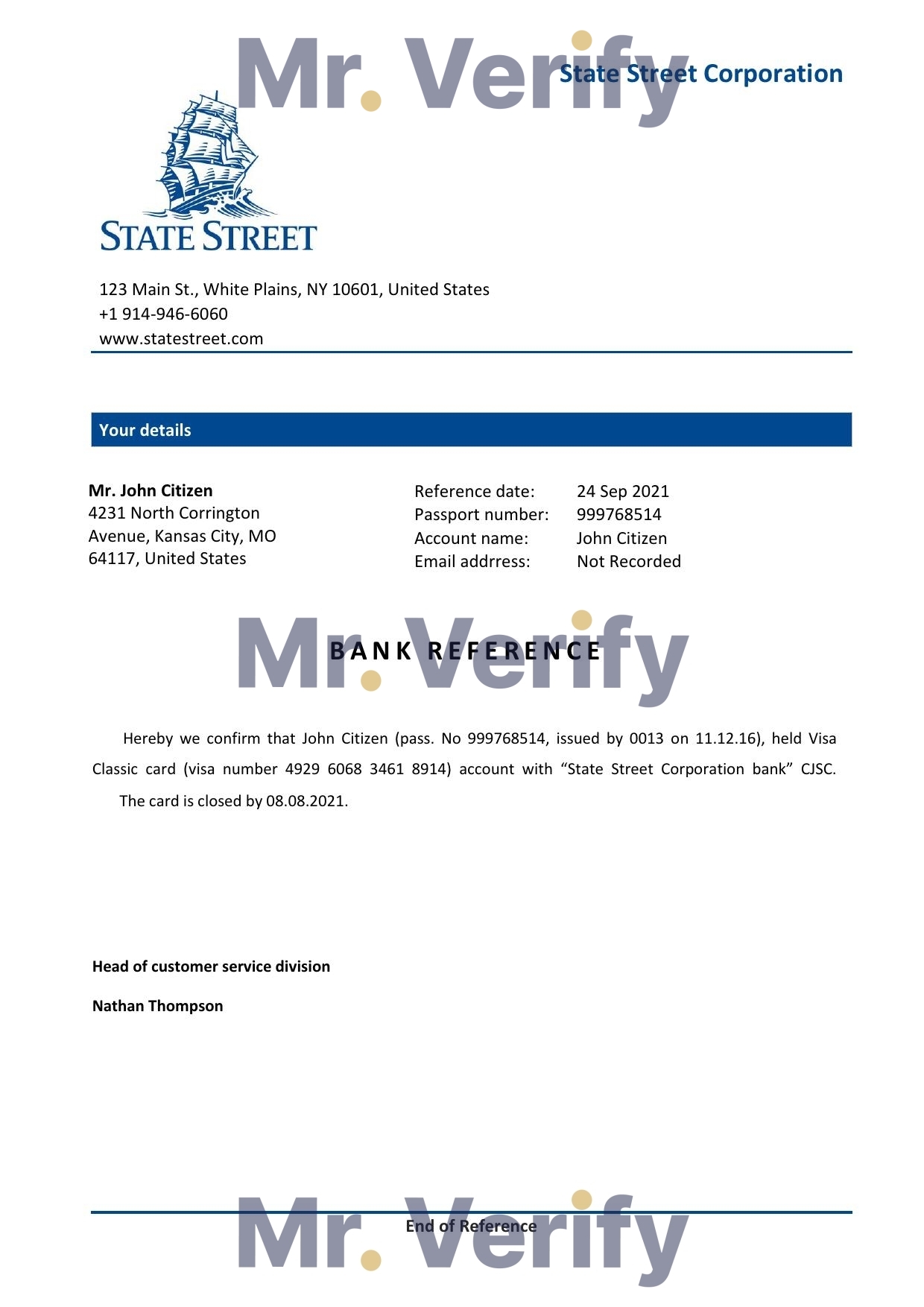 Download USA State Street Bank Reference Letter Templates | Editable Word
