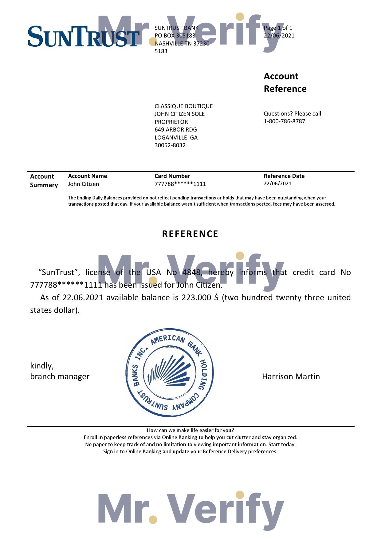 Download USA SunTrust Bank Reference Letter Templates | Editable Word