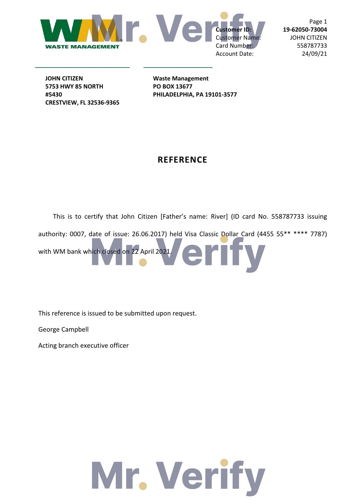 Download USA WM Bank Reference Letter Templates | Editable Word