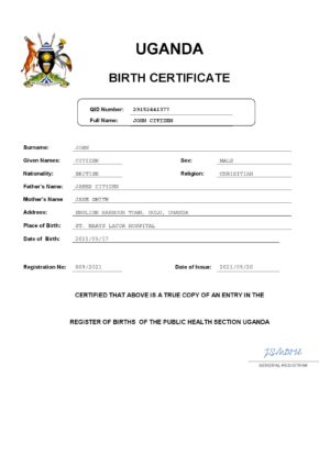 Uganda birth certificate Word and PDF template, completely editable