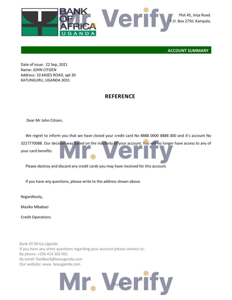 Download Uganda Bank of Africa Bank Reference Letter Templates | Editable Word