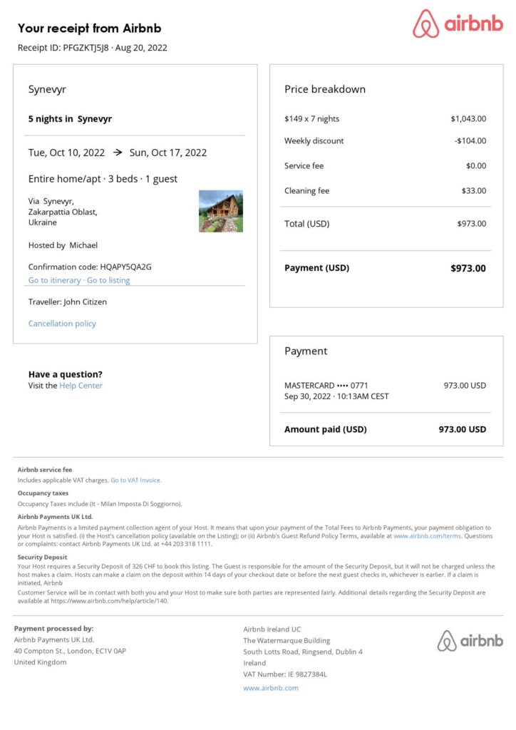 Customizable Ukraine Airbnb Reservation Template | Word & PDF Formats