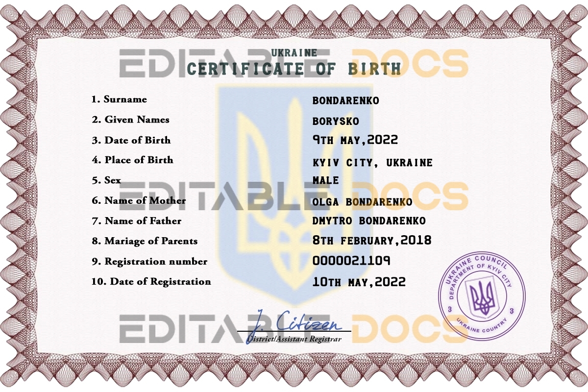 Authentic Ukraine Birth Certificate Template | Customize and Download Online