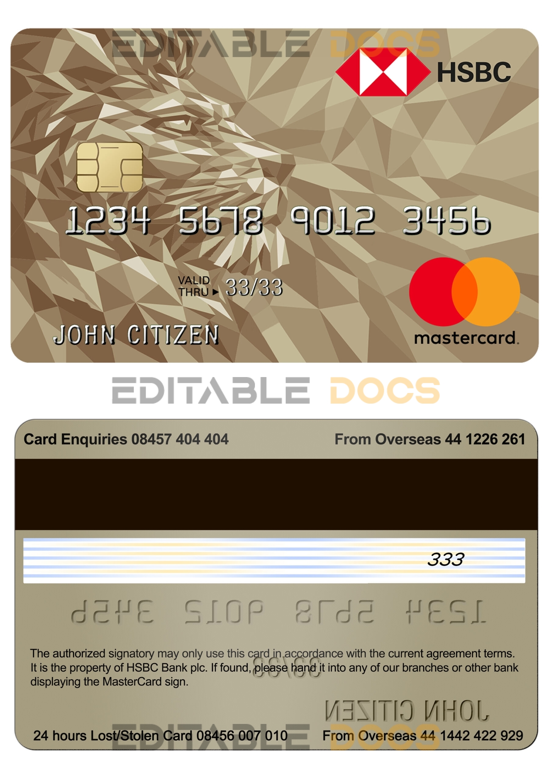Editable United Kingdom HSBC Gold mastercard credit card Templates in PSD Format