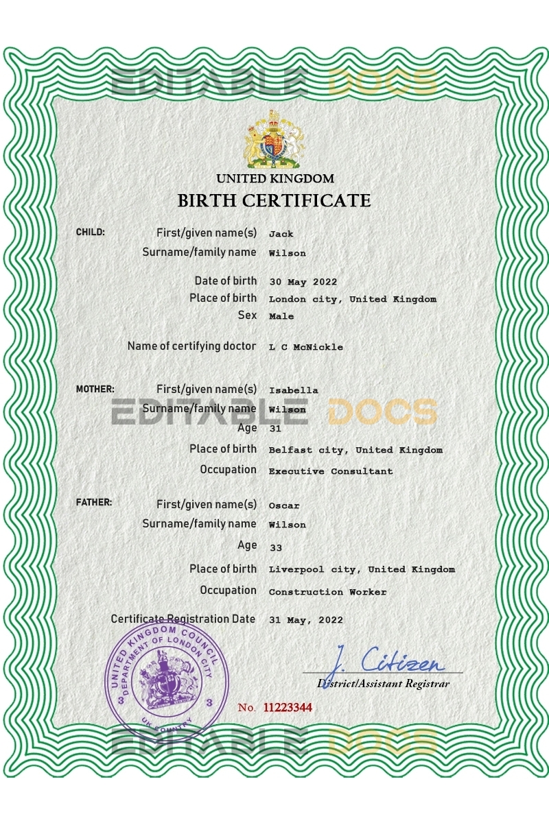 Authentic United Kingdom Birth Certificate Template | Customize and Download Online