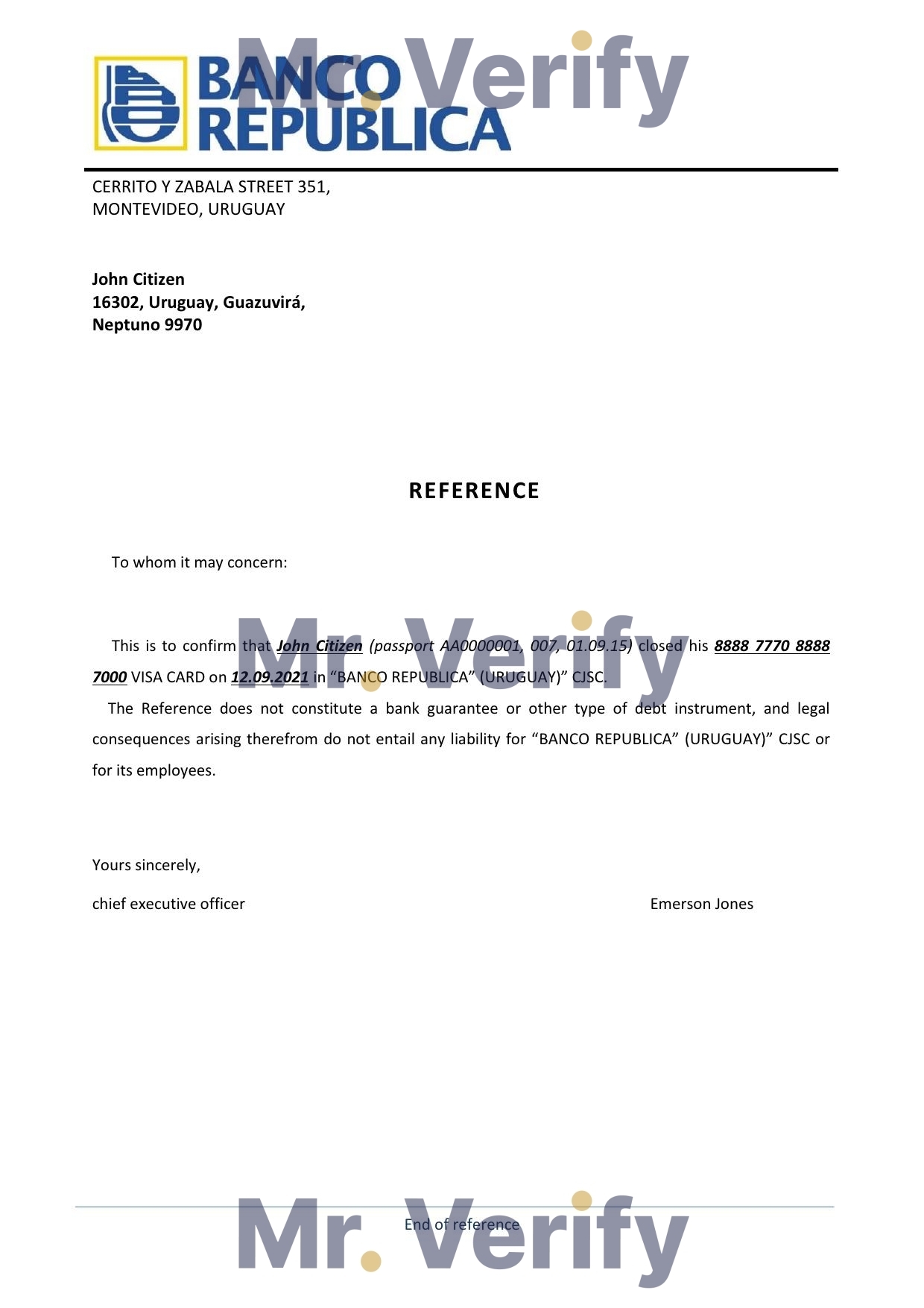 Download Uruguay Banco República Bank Reference Letter Templates | Editable Word