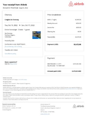 Customizable Uzbekistan Airbnb Reservation Template | Word & PDF Formats