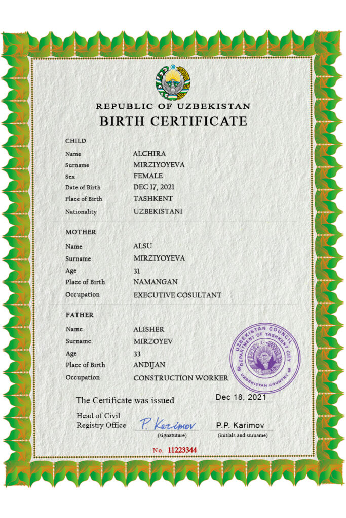 Authentic Uzbekistan Birth Certificate Template | Customize and Download Online