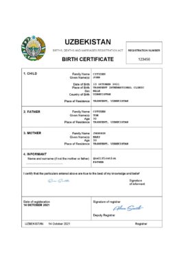 Uzbekistan vital record birth certificate Word and PDF template, completely editable