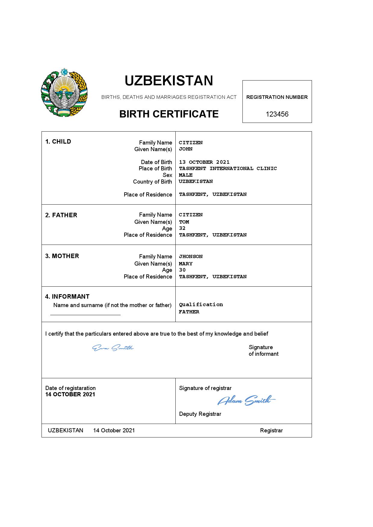 Authentic Uzbekistan Birth Certificate Template | Customize and Download Online