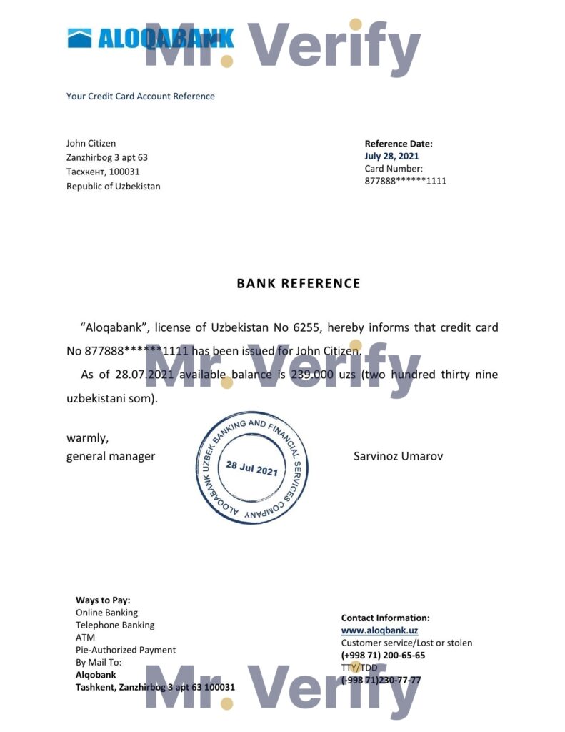 Download Uzbekistan Aloqabank Bank Reference Letter Templates | Editable Word