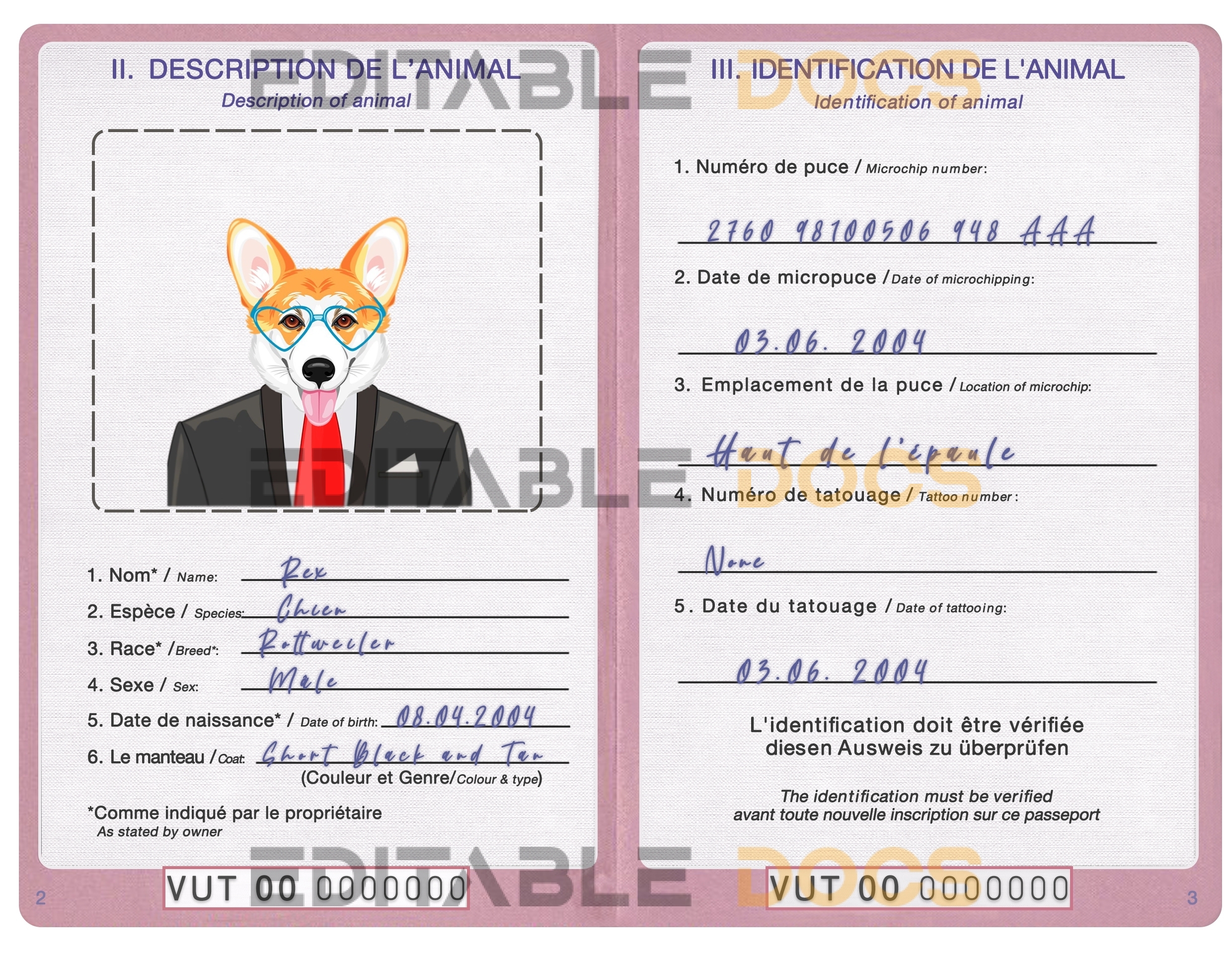 Vanuatu dog Fake PSD Passport | Instant Download