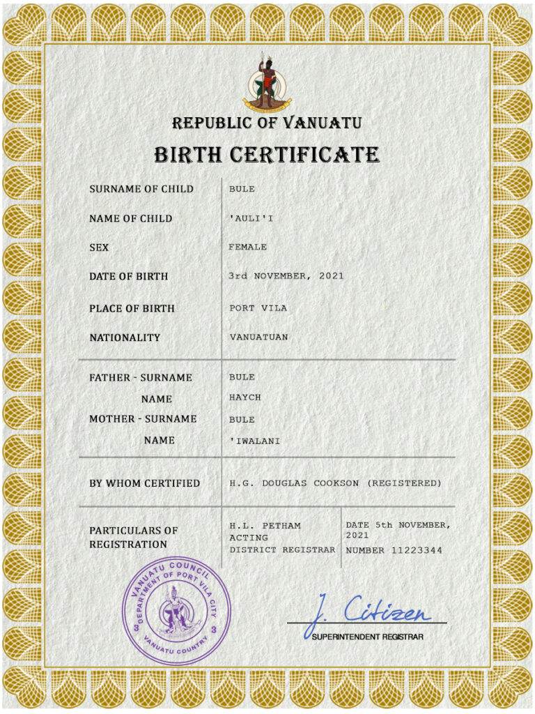 Authentic Vanuatu Birth Certificate Template | Customize and Download Online