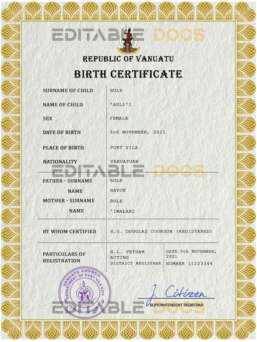 Authentic Vanuatu Birth Certificate Template | Customize and Download Online