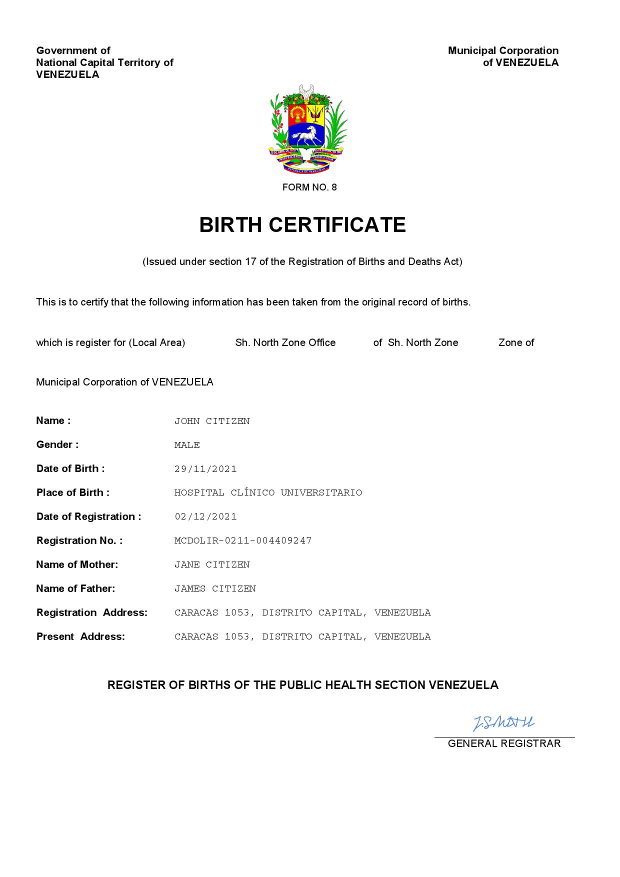 Authentic Venezuela Birth Certificate Template | Customize and Download Online