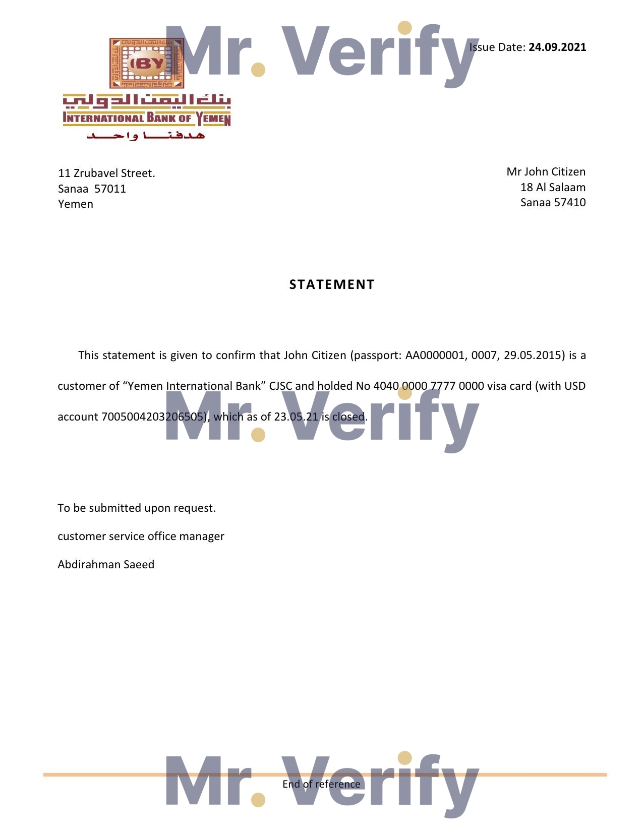 Download Yemen International Bank of Yemen Bank Reference Letter Templates | Editable Word