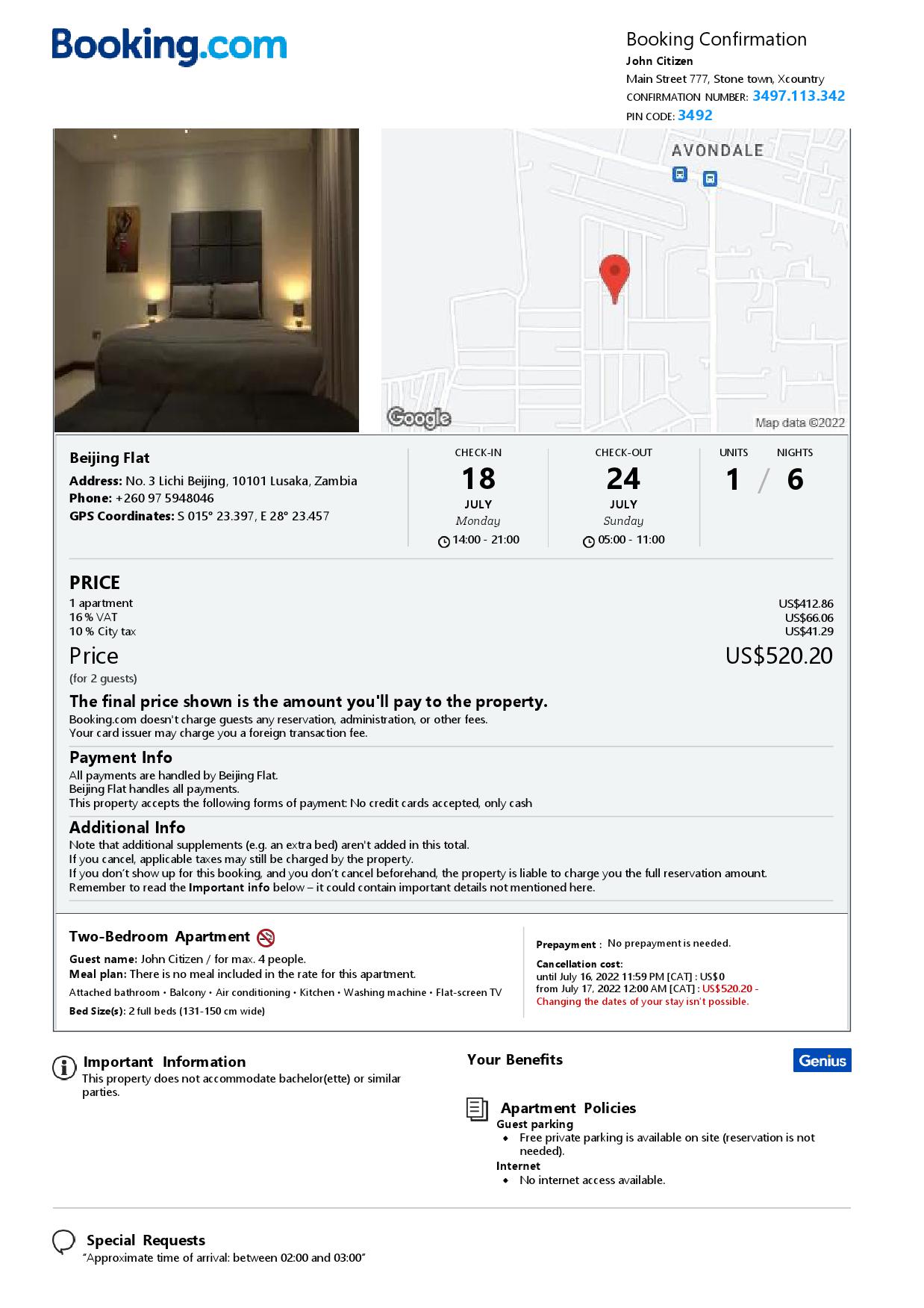 Editable Zambia Hotel Booking Form Template | Fillable PDF