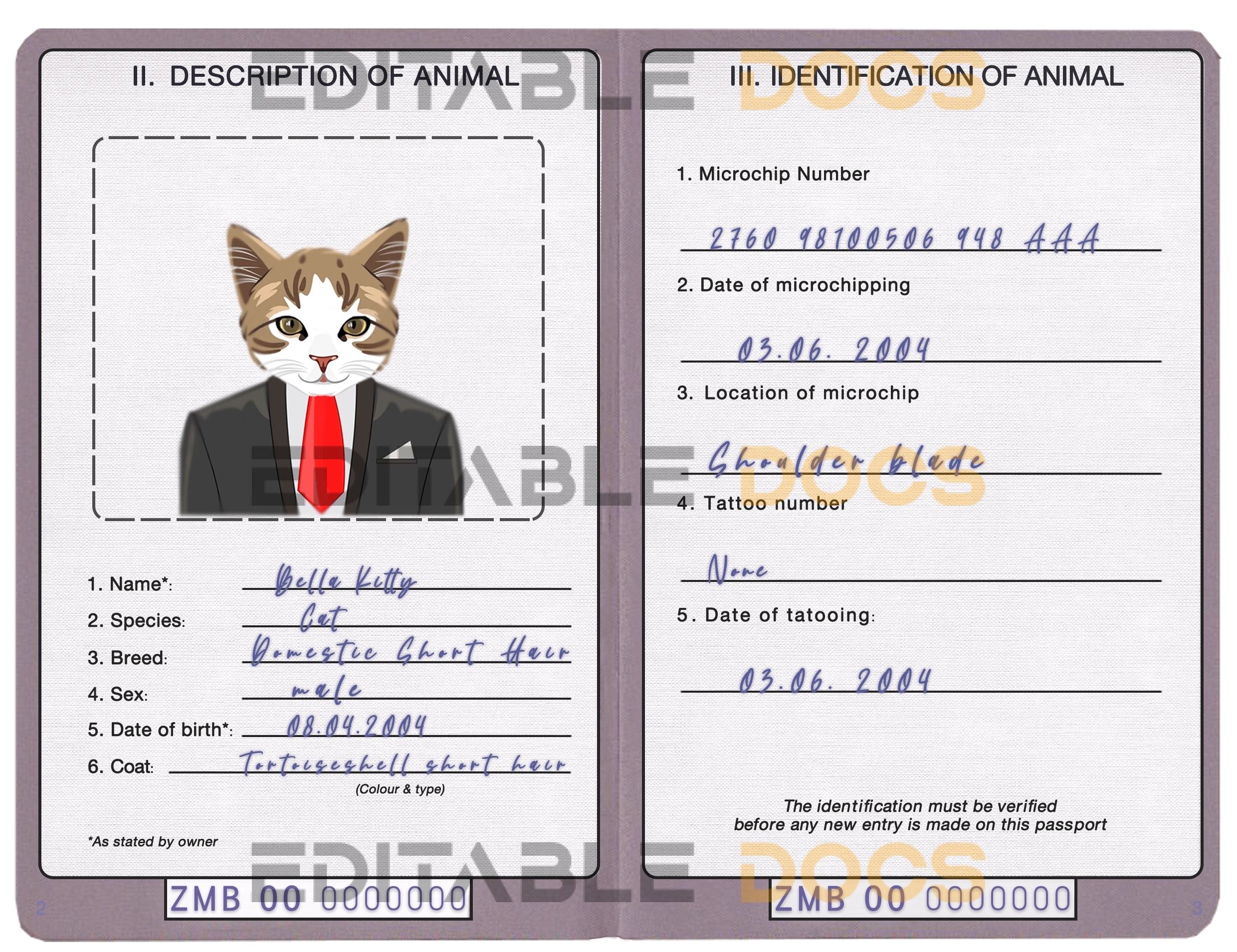 Zambia cat Fake PSD Passport | Instant Download