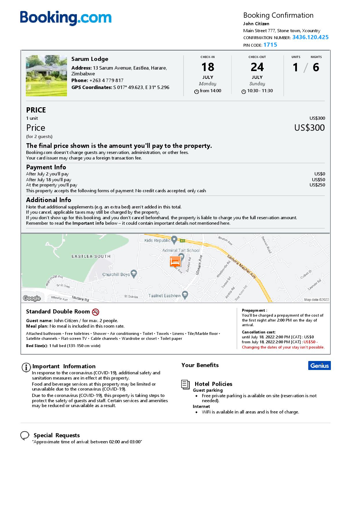 Editable Zimbabwe Hotel Booking Form Template | Fillable PDF