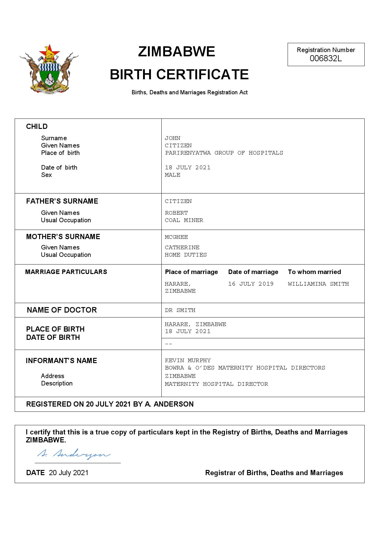 Authentic Zimbabwe vital record Birth Certificate Template | Customize and Download Online