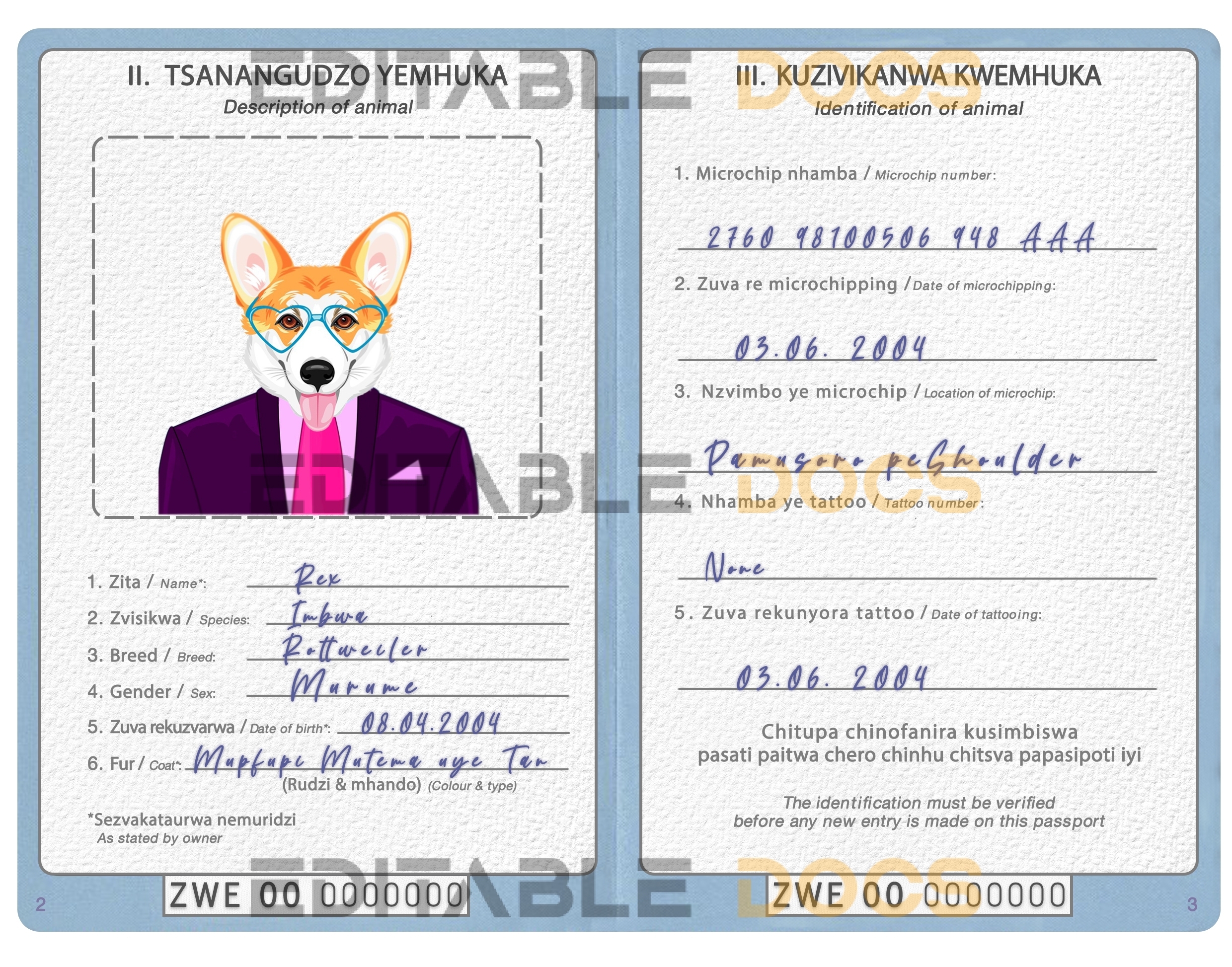 Zimbabwe dog Fake PSD Passport | Instant Download