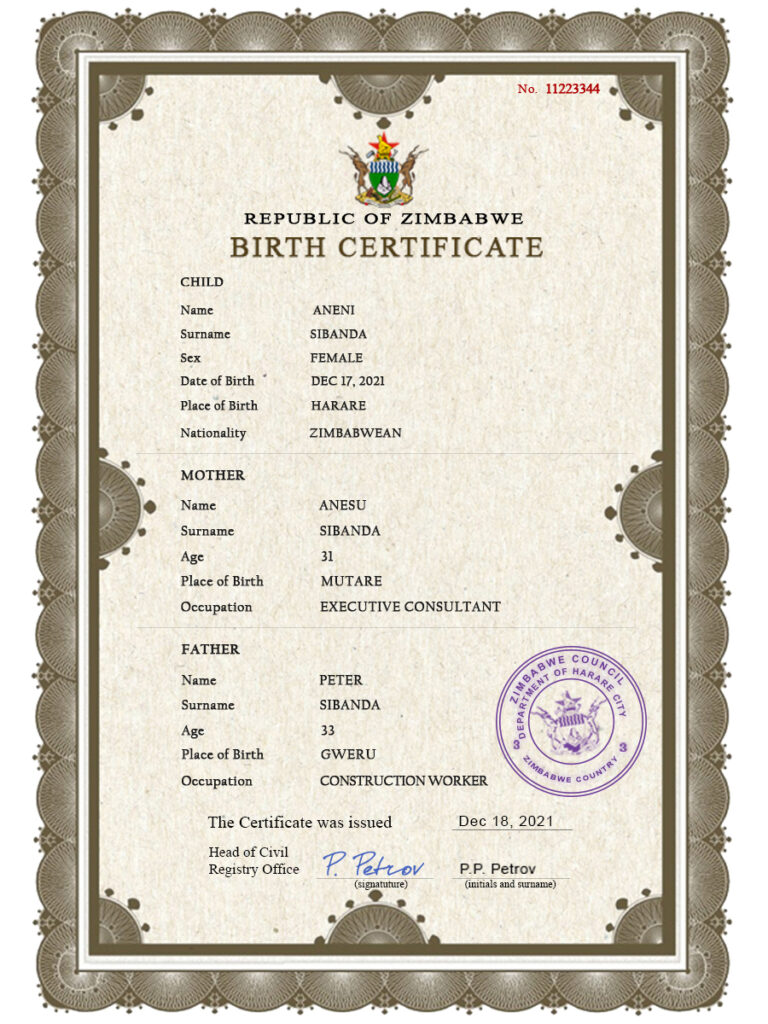 Authentic Zimbabwe Birth Certificate Template | Customize and Download Online