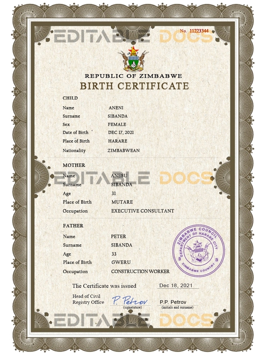 Authentic Zimbabwe Birth Certificate Template | Customize and Download Online
