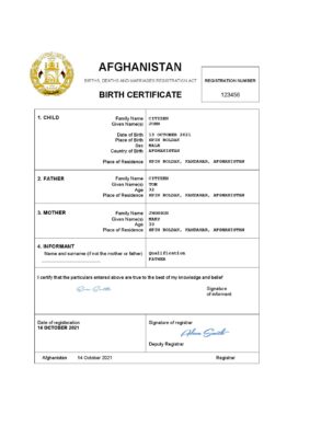 Afghanistan vital record birth certificate Word and PDF template, fully editable