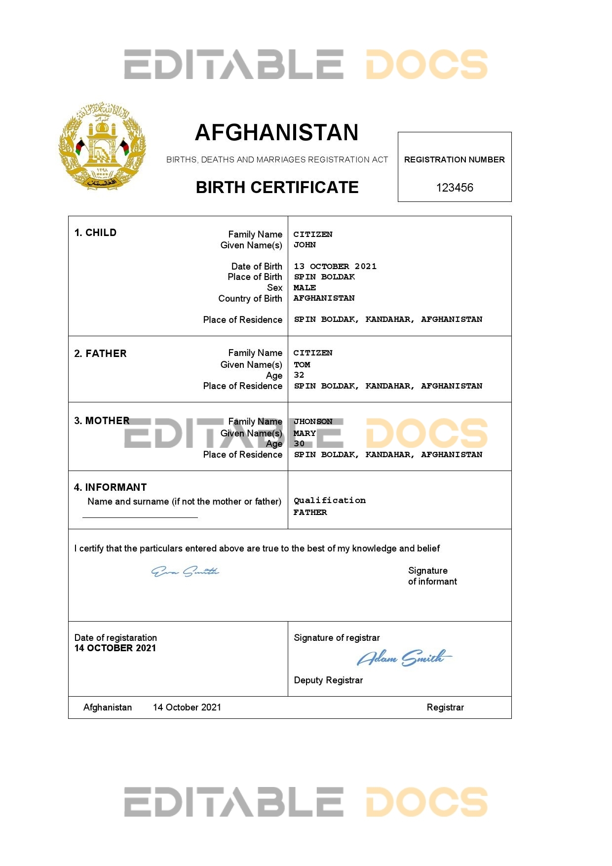 Authentic Afghanistan Birth Certificate Template | Customize and Download Online