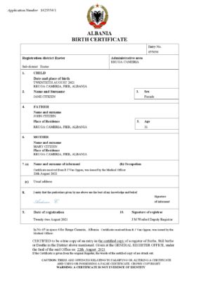 Albania birth certificate Word and PDF template, completely editable