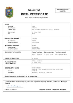 Algeria vital record birth certificate Word and PDF template, completely editable
