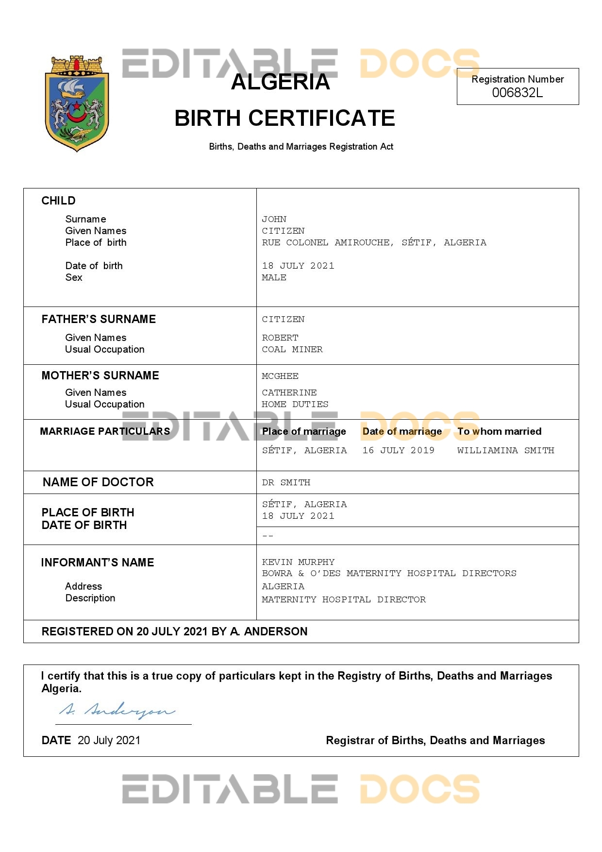 Authentic Algeria Birth Certificate Template | Customize and Download Online