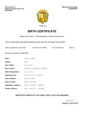 Andorra vital record birth certificate Word and PDF template