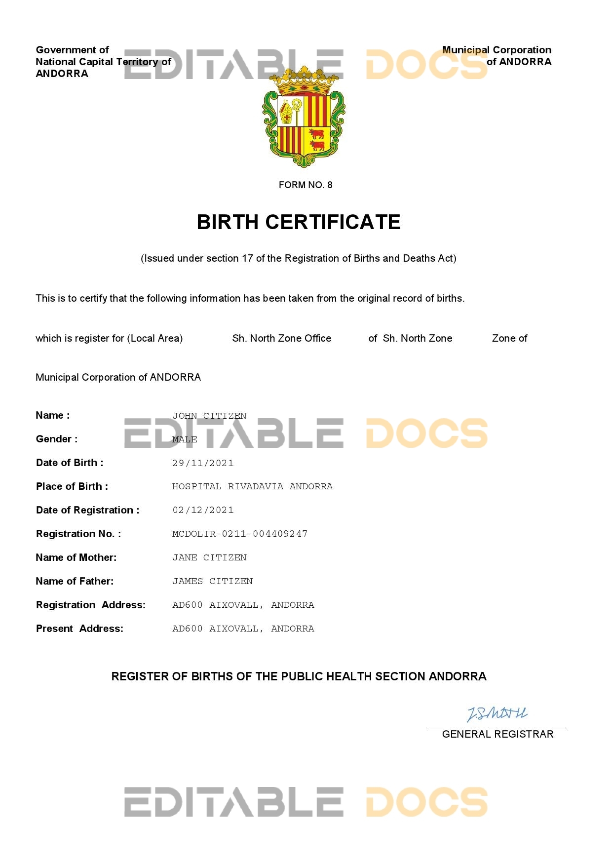 Authentic Andorra Birth Certificate Template | Customize and Download Online