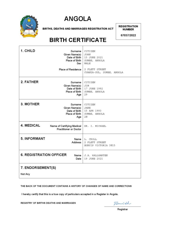 Angola vital record birth certificate Word and PDF template, fully editable