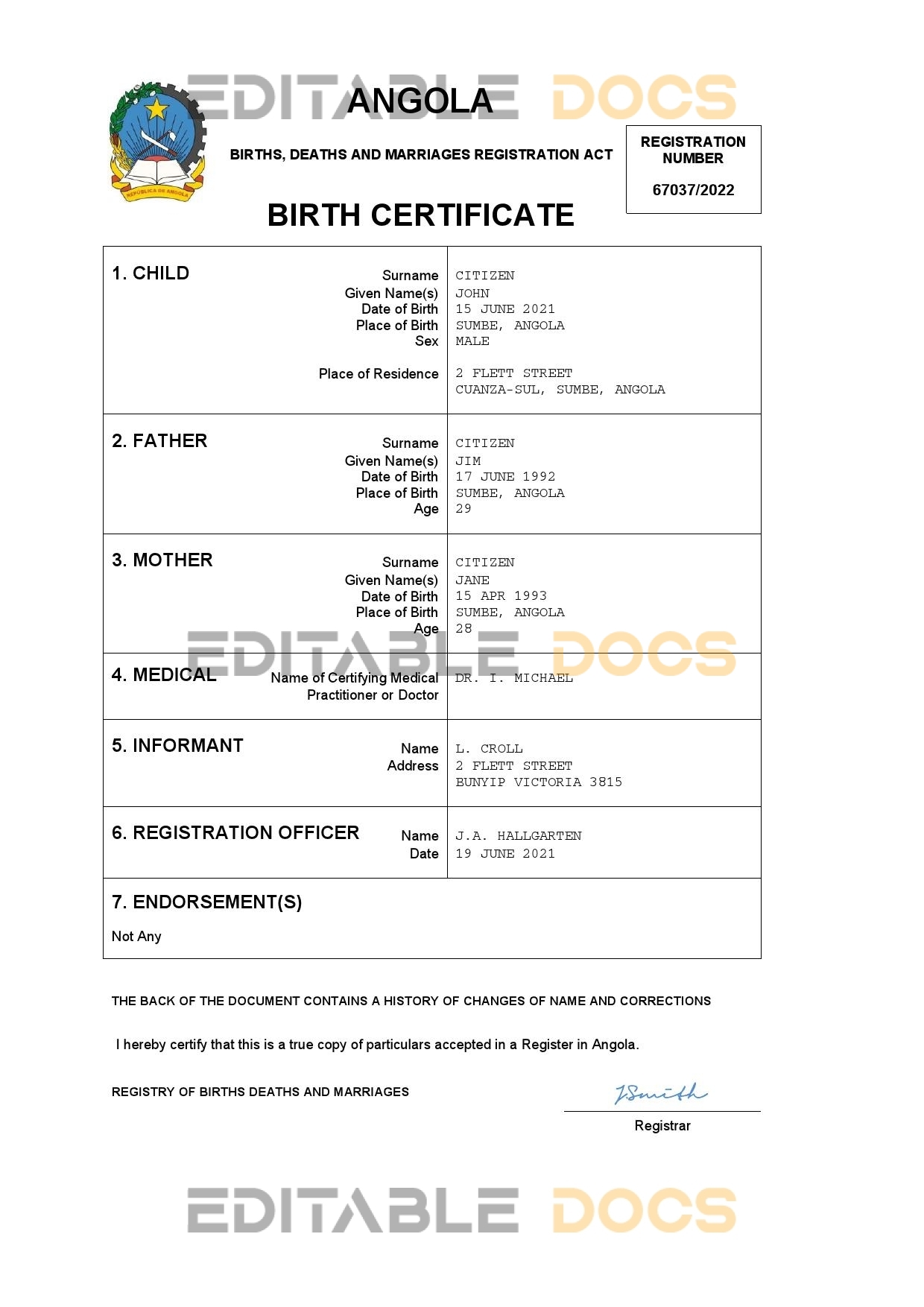 Authentic Angola Birth Certificate Template | Customize and Download Online